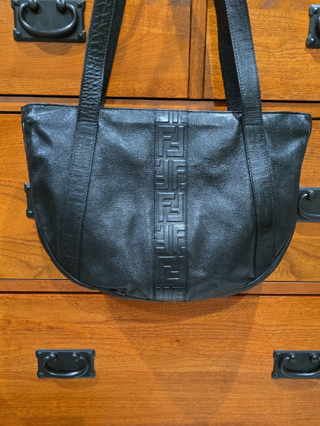 Fendi Black Leather Vintage Tote Bag With Embossed Center Panel